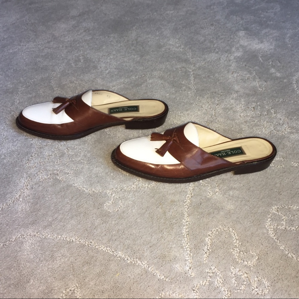 COLE HAAN sz 9.5 brown white spectator mules Narrow